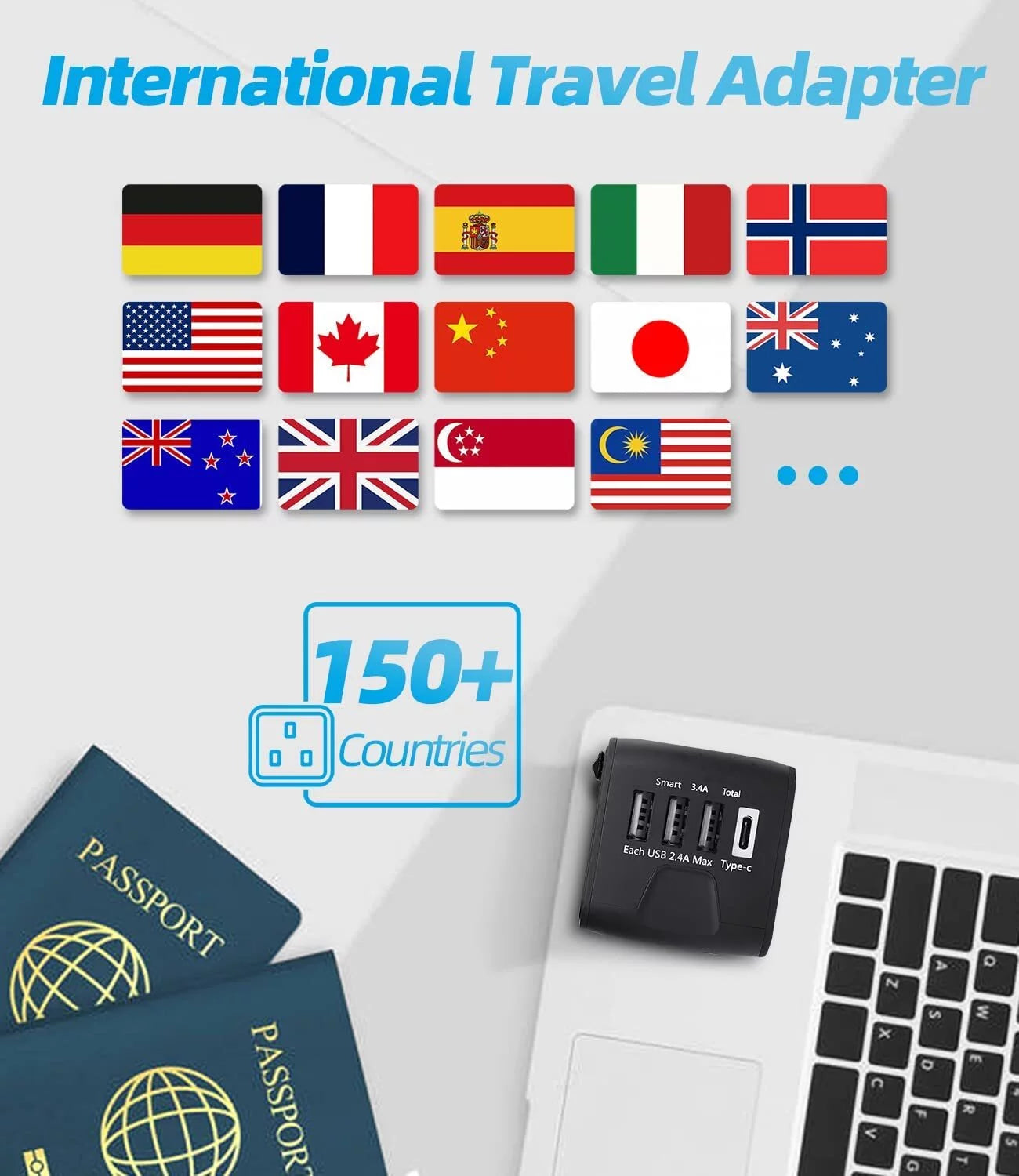 Universal Travel Adapter, European Travel Plug Adapter with Type C, Black