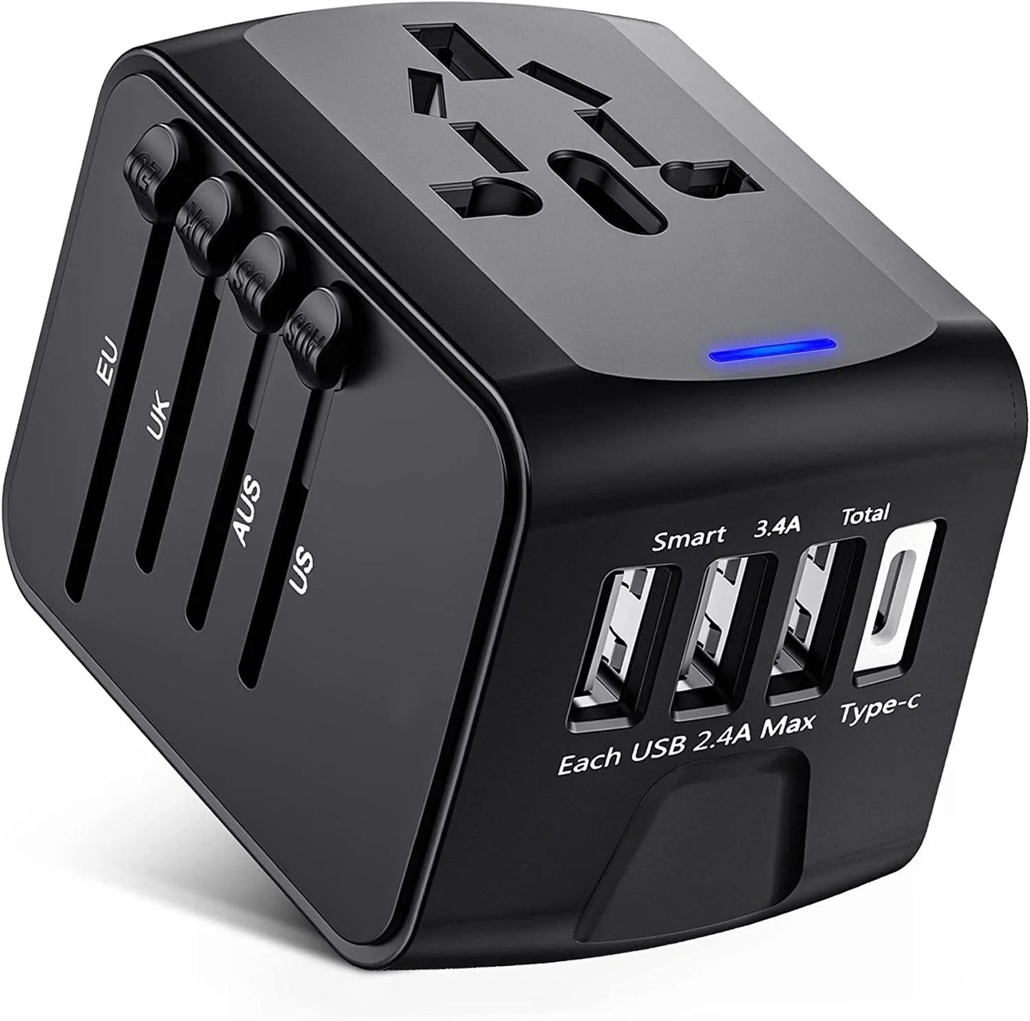 Universal Travel Adapter, European Travel Plug Adapter with Type C, Black