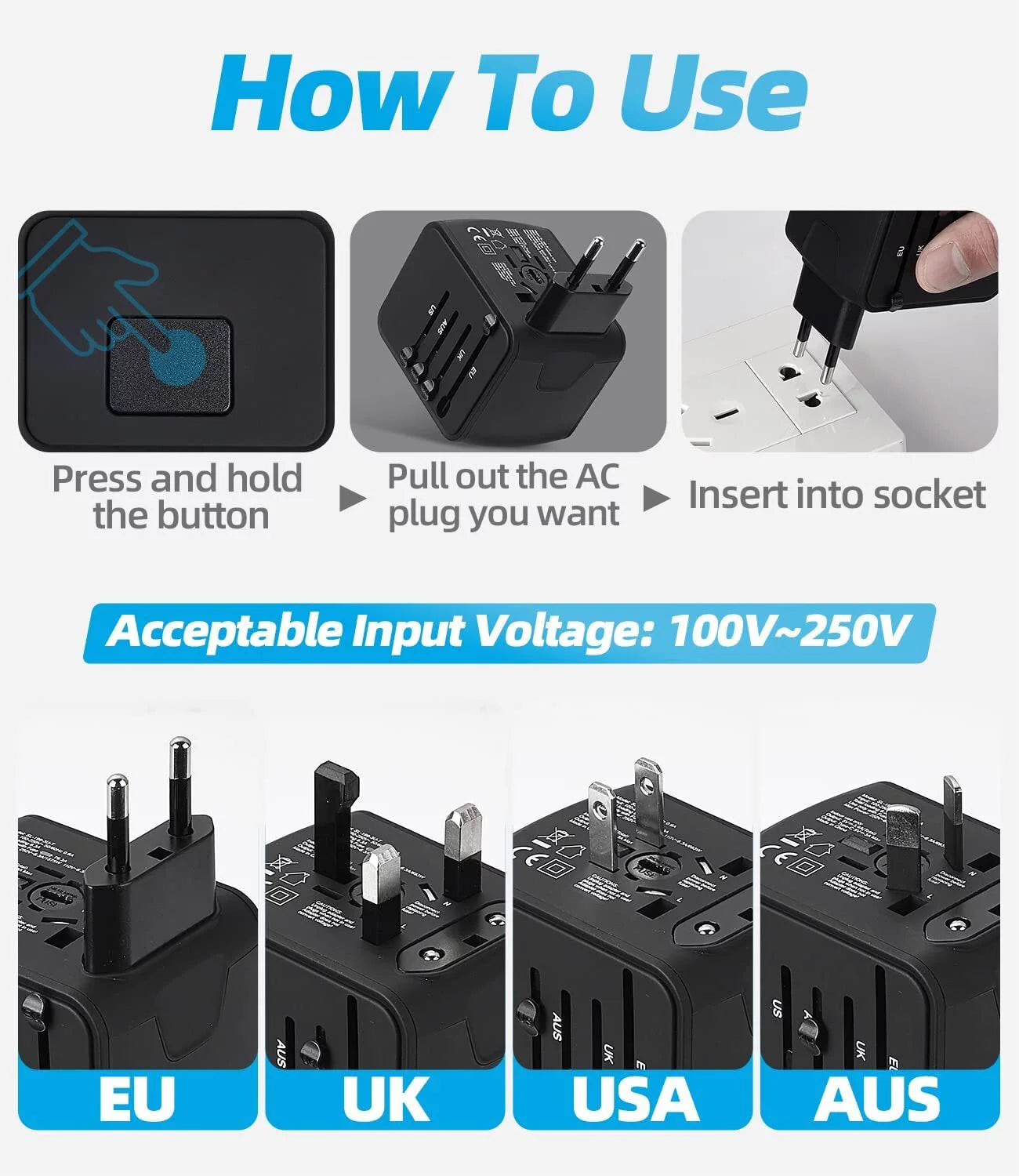 Universal Travel Adapter, European Travel Plug Adapter with Type C, Black