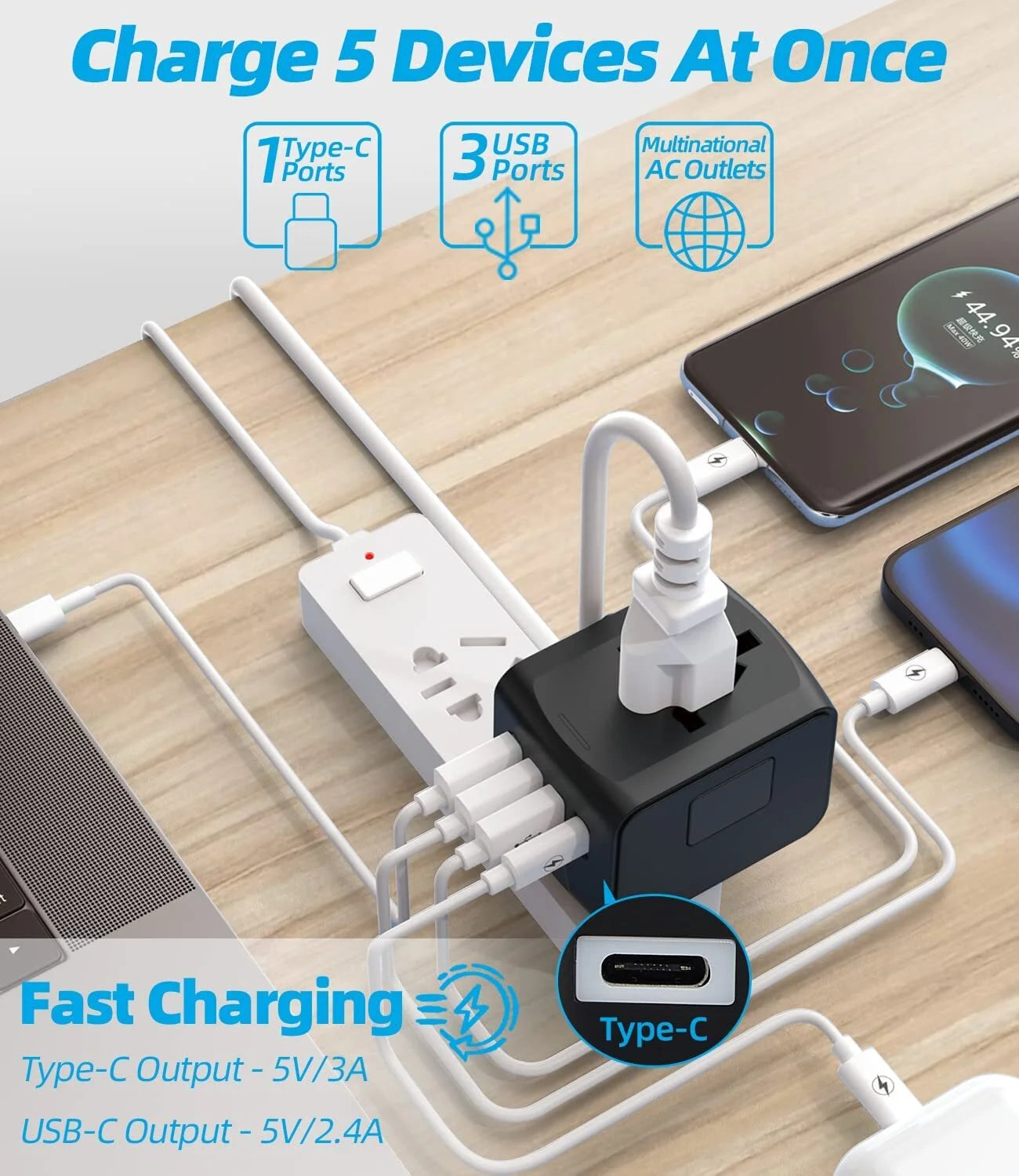 Universal Travel Adapter, European Travel Plug Adapter with Type C, Black